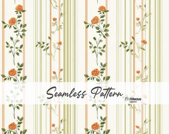 Patrón sin costuras de rayas rosas estilo shabby chic, tela floral cottagecore, papel digital de rayas botánicas vintage, estilo campestre francés.