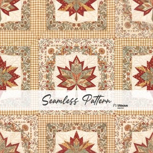 Puede incluir: Un patrón sin costuras con un diseño cuadrado repetitivo y un motivo central de hoja de arce en tonos rojo, dorado y verde salvia. La hoja está rodeada por un borde floral y un marco de cuadros vichy beige. El texto dice Seamless Pattern PixWeave.
