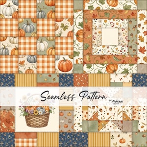 Pode incluir: Um padrão digital sem costuras com um design de patchwork com quadrados de xadrez vichy laranja e branco, abóboras de várias cores, folhas de outono, bolotas e um cesto entrançado cheio de flores e abóboras, com o texto Seamless Pattern.
