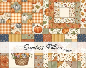 Patrón sin costuras para colcha de patchwork otoñal, tela de cosecha de calabazas, papel digital estilo granja campestre, colcha de Acción de Gracias