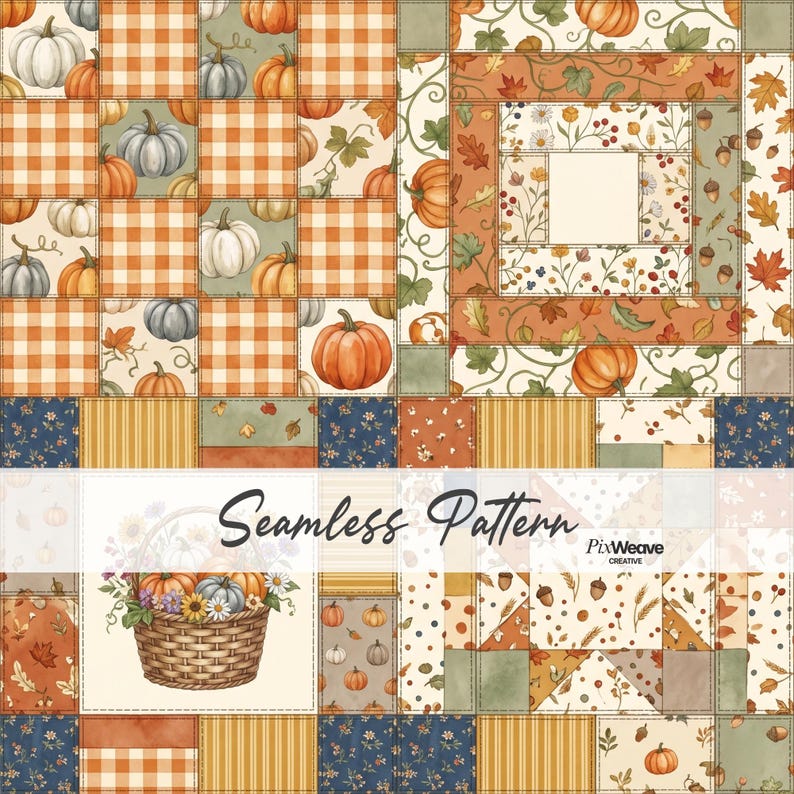 Seamless fall patchwork quilt pattern with pumpkins gingham and harvest motifs