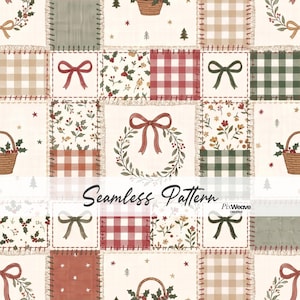 Op de afbeelding: Een naadloos patroon met een patchwork-raster van vierkanten met illustraties van rode en groene strikken, hulsttakjes, geruite stof en manden gevuld met groen op een crèmekleurige achtergrond. De tekst Seamless Pattern is zichtbaar.
