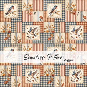 May include: A seamless pattern featuring a patchwork design of blue and white gingham, red and white stripes, and cream squares. The squares display illustrations of blue swallows, wheat stalks, orange flowers, oak leaves, and feathers.
