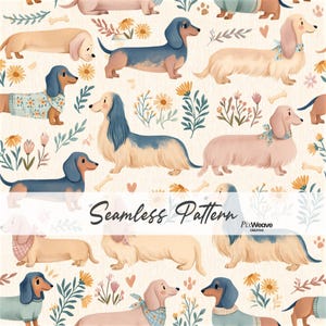 Può includere: Un motivo continuo con cani bassotti illustrati in varie tonalità di beige, marrone e blu, intervallati da piccoli fiori, foglie, cuori e ossa su uno sfondo color crema. Il testo Seamless Pattern PixWeave Creative è visibile nell'immagine.