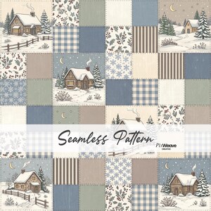 Peut inclure: Un motif patchwork composé d'une grille répétitive de scènes hivernales avec des chalets, des sapins enneigés, du houx, des flocons, des carreaux vichy bleus et des rayures. Le texte Seamless Pattern et PixWeave Creative est superposé.
