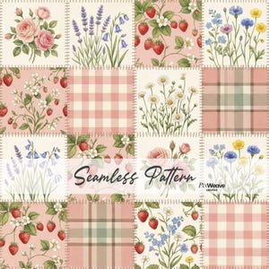 May include: A seamless pattern featuring a patchwork design with floral and gingham squares. The squares display roses, strawberries, daisies, and other flowers in shades of pink, green, and cream. The text "Seamless Pattern" is visible.
