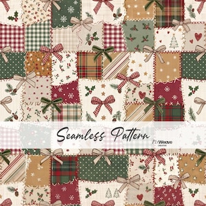 May include: A seamless fabric pattern featuring a patchwork design of squares in red, green, beige, and white. The squares display holiday motifs including holly, pine cones, hearts, stars, and snowflakes, accented by various decorative bows.