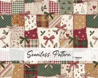 Christmas Patchwork Seamless Pattern, Vintage Quilt Fabric, Rustic Holiday Digital Paper, Christmas Textile, Gingham & Plaid
