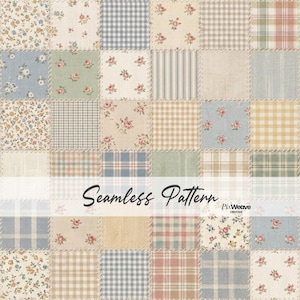 May include: A patchwork pattern featuring squares of various floral and plaid fabrics in pastel colors. Some squares have small rose patterns. The text "Seamless Pattern" is displayed across the image.