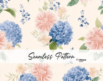 Estampado floral Shabby Chic sin costuras, tela Dahlia Hydrangea Lavender, papel digital Cottagecore, estampado Grandmillennial