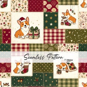Puede incluir: Un patrón sin costuras con un diseño de patchwork de cuadrados festivos. El estampado incluye ilustraciones de perros Corgi, calcetines navideños, regalos envueltos, conchas, estrellas y motivos florales en una paleta de rojo, verde y crema.