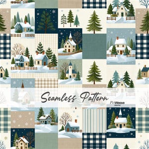 Puede incluir: Un patrón sin costuras que presenta una cuadrícula de escenas invernales con casas, iglesias, pinos y paisajes nevados en tonos azules, verdes y crema. El texto Seamless Pattern y PixWeave Creative está centrado en la imagen.