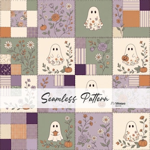 May include: A seamless pattern featuring a patchwork quilt design with squares of floral illustrations, ghosts, and pumpkins in muted tones of sage green, lavender, and orange. The text Seamless Pattern and PixWeave Creative is visible.