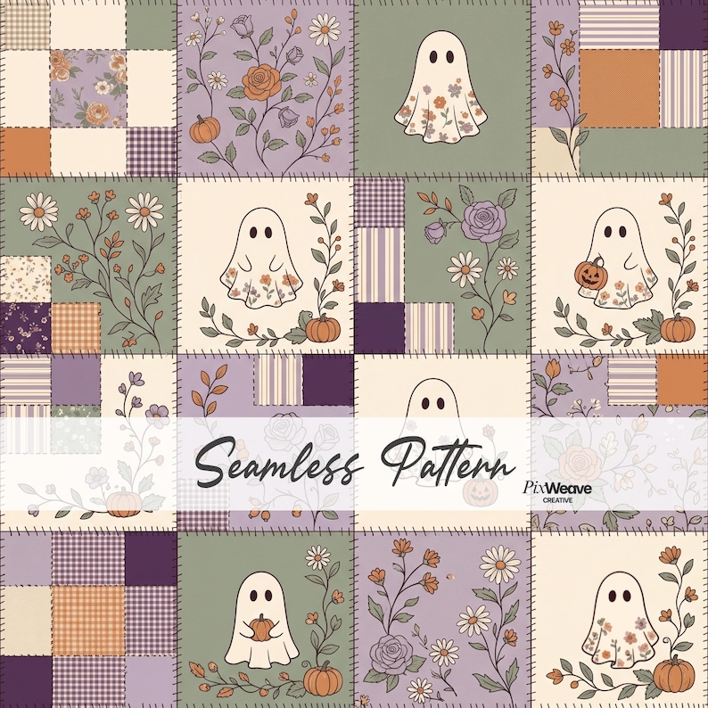 Halloween patchwork seamless pattern with floral ghosts, pumpkins, roses, sage green and lavender quilt blocks.