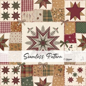 Könnte beinhalten: Ein nahtloses Stoffmuster mit einem Patchwork-Quilt-Design aus verschiedenen Quadraten in Rot, Grün und Beige. Das Design enthält Sternmotive, Karos, Blumen- und Schneeflockenmuster, akzentuiert durch kleine Schleifen und den Text Seamless Pattern.