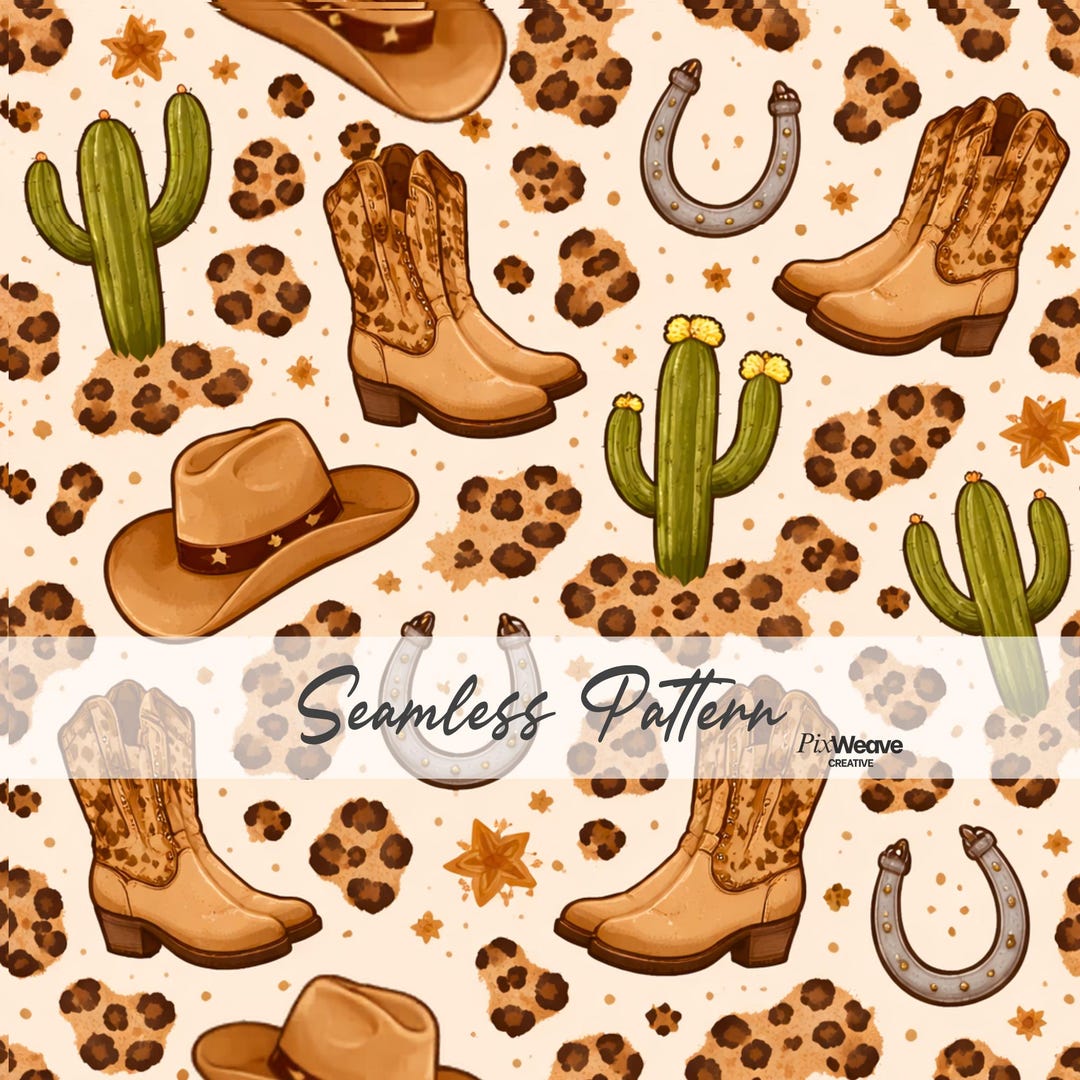 Western Rodeo Pattern Cowgirl Western Seamless Pattern, Cowboy Boots Cactus Leopard Print ...