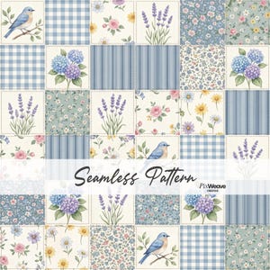 Cottagecore lapptäcke sömlöst mönster, blåfågel blommigt quilttyg, lavendelhortensia bondgårdsdigitalt papper