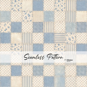 Könnte beinhalten: Ein nahtloses Patchworkmuster mit quadratischen Feldern in Blau- und Cremetönen. Die Quadrate weisen verschiedene Designs auf, darunter Blumenmuster, Tupfen, Streifen und Vichy. Der Text "Seamless Pattern" ist auf dem Bild zu sehen.