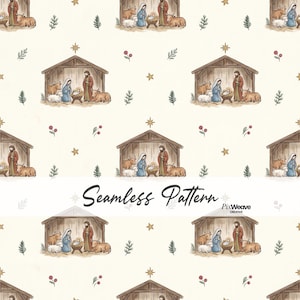 May include: A seamless pattern featuring a repeating nativity scene illustration on a cream background. The design includes a stable with figures, animals, gold stars, green sprigs, and red berries. The text Seamless Pattern and PixWeave Creative appears.