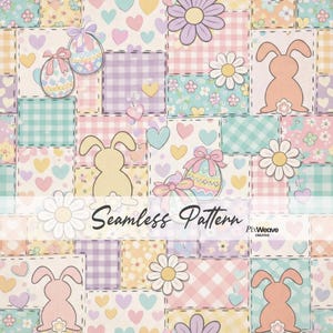 Pastel Easter Bunny Patchwork Seamless Pattern, Spring Quilt Digital Paper, Cute Daisy Gingham Fabric Print, Nursery Cottagecore Design