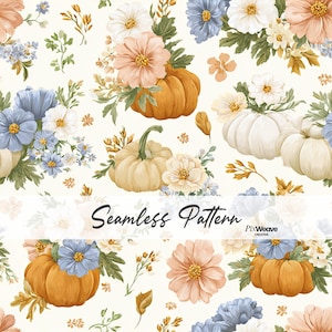 May include: A seamless pattern featuring orange and white pumpkins interspersed with light blue, peach, and white flowers and green foliage on a cream background. The text Seamless Pattern and PixWeave Creative is printed across the center.