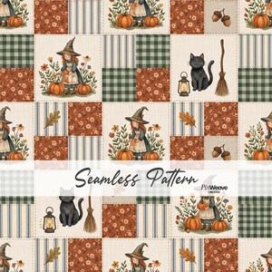 Nahtloses Halloween-Hexen-Cottagecore-Patchworkmuster, digitales Stoffpapier im Landhausstil, Kürbis-Quilt-Blumen-Gingham-Muster