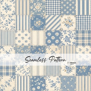 Puede incluir: Un patrón de patchwork sin costuras en tonos azules y crema. El diseño presenta patrones florales, a rayas y de cuadros, con un efecto cosido. El texto "Seamless Pattern" se muestra en la imagen.
