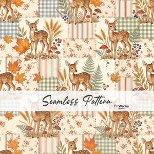 May include: A seamless pattern featuring a repeating illustration of a fawn standing among wheat stalks, ferns, mushrooms, and autumn leaves. The background consists of a patchwork design with floral, plaid, and striped squares. Text reads Seamless Pattern.