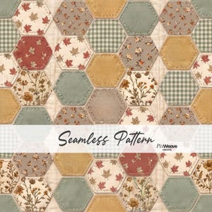 May include: A seamless pattern featuring a repeating hexagonal quilt design. The hexagons display various prints including autumn leaves, floral motifs, solid mustard yellow, sage green, and a green and white gingham check, all stitched together.
