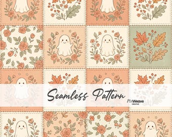 Cute Ghost Floral Seamless Pattern, Cottagecore Halloween Fabric, Pastel Autumn Quilt Digital Paper, Vintage Floral Print