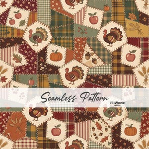 Thanksgiving Quilt Patchwork Seamless Pattern, Vintage Country Turkey Digital Paper, Farmhouse Fall Fabric, Primitive Harvest Design