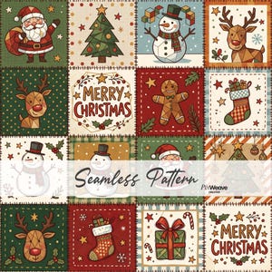 May include: A festive patchwork design featuring sixteen square tiles with Christmas illustrations including Santa Claus, reindeer, snowmen, gingerbread men, stockings, gifts, and Christmas trees, with the text Seamless Pattern and PixWeave.