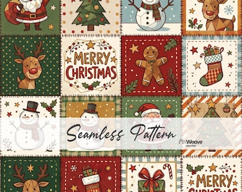 Patrón navideño vintage sin costuras, tela navideña rústica, papel digital navideño de arte popular, diseño de Papá Noel, ciervo y muñeco de nieve.