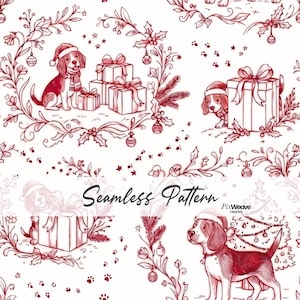 May include: A seamless pattern featuring red line art illustrations of beagle dogs wearing Santa hats, gift boxes with bows, holly branches, and Christmas ornaments on a white background. The text Seamless Pattern and PixWeave Creative appear.