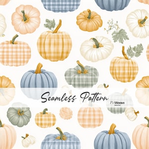 Può includere: Un motivo continuo con varie zucche in tonalità arancione, bianco e blu, alcune con texture a quadri e steli verdi, su sfondo bianco. Il testo Seamless Pattern e PixWeave Creative è visibile.