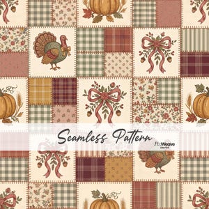 Thanksgiving Quilt Patchwork Seamless Fabric Pattern, Vintage Farmhouse Turkey Digital Paper, Fall Harvest Fabric, Cottagecore Sewing Design