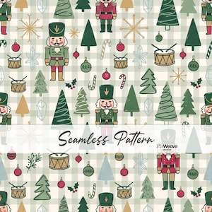 May include: A seamless pattern featuring illustrated nutcrackers, Christmas trees, drums, candy canes, and ornaments on a light green and white gingham background. The text Seamless Pattern and PixWeave Creative are visible on the image.
