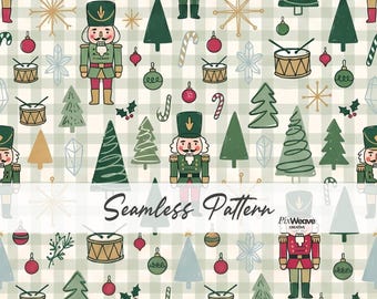 Christmas Nutcracker Gingham Seamless Pattern, Holiday Fabric Design, Green Red Check Digital Paper, Christmas Textile