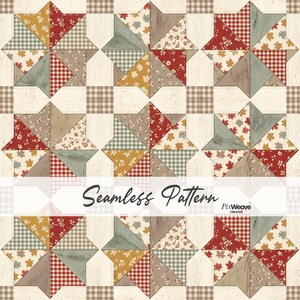 Könnte beinhalten: Ein nahtloses Muster mit einem sich wiederholenden Stern-Quilt-Design mit verschiedenen Stofftexturen, darunter rotes Vichy-Karo, Herbstblatt-Drucke und einfarbige gedeckte Töne. Der Hintergrund besteht aus cremefarbenen Quadraten mit braunen Karomustern. Der Text lautet Seamless Pattern.