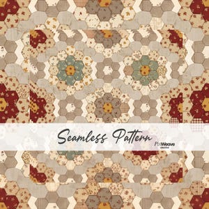 May include: A seamless pattern featuring a repeating hexagonal quilt design in shades of red, beige, brown, and muted green. The fabric print displays floral and checkered motifs within the hexagons. The text Seamless Pattern PixWeave is visible.
