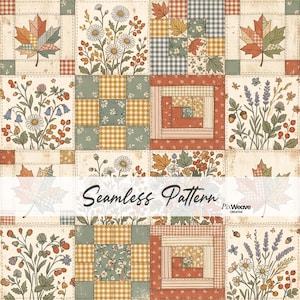 May include: A seamless fabric pattern featuring a grid of squares with illustrations of maple leaves, wildflowers, daisies, berries, and checkered or log cabin quilt blocks in muted tones of orange, green, blue, and cream with visible stitching.