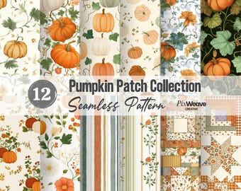 Paquete de patrones sin costuras de huerto de calabazas, conjunto de telas estilo cottagecore de otoño, paquete de papeles digitales para patchwork de cosecha, 12 estampados de otoño