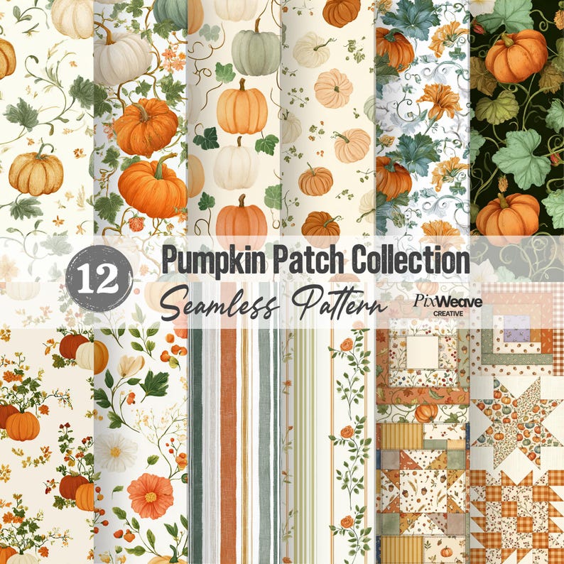 Pumpkin patch seamless pattern bundle with 12 coordinating autumn fabric designs