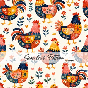 Pode incluir: Um padrão sem costura com ilustrações coloridas de galos, incorporando padrões florais e geométricos. Os galos são em tons de azul, laranja, amarelo e rosa, sobre um fundo creme com flores e corações. O texto "Seamless Pattern" também está presente.