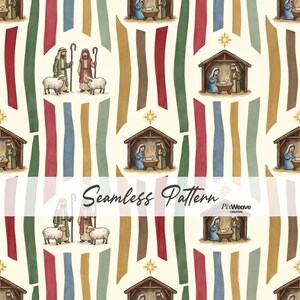 May include: A seamless pattern featuring a repeating nativity scene with figures in a stable, shepherds with sheep, and yellow stars. The background consists of vertical stripes in red, green, blue, and gold on a cream-coloured surface.