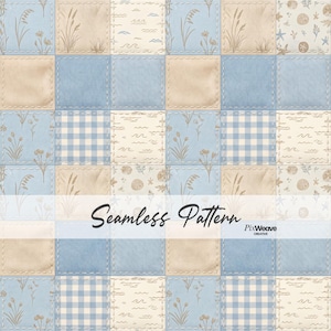 May include: A seamless pattern featuring a patchwork design with squares in shades of blue, beige, and white. Some squares have floral, wave, and gingham patterns. The text "Seamless Pattern" is displayed across the image.