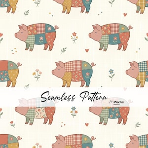 May include: A seamless pattern featuring repeating illustrations of pigs with patchwork-style bodies in shades of pink, blue, green, and yellow. The design includes small floral sprigs, red hearts, and dots on a cream background with the text Seamless Pattern.