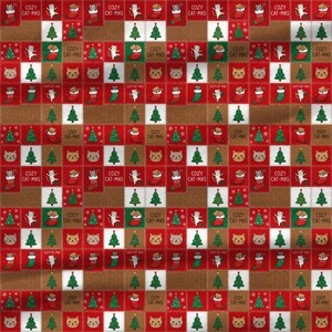 Cozy vintage Christmas cat quilt fabric featuring festive kittens, stockings, Christmas trees, woven textures, and patchwork blocks