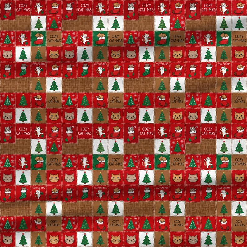 Cozy vintage Christmas cat quilt fabric featuring festive kittens, stockings, Christmas trees, woven textures, and patchwork blocks