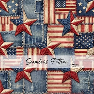Op de afbeelding: Naadloos patroon met een patchwork ontwerp met denim, Amerikaanse vlaggen en rode, witte en blauwe sterren. Het ontwerp bevat gestikte details en een vintage esthetiek. De tekst "Seamless Pattern" wordt over de afbeelding weergegeven.